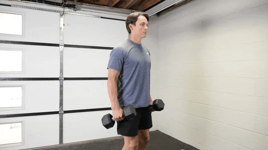 Man standing in a gym holding two dumbbells for hammer curls