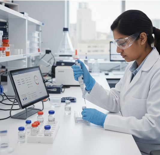 Laboratory scientist examining research peptide samples; illustrative research image