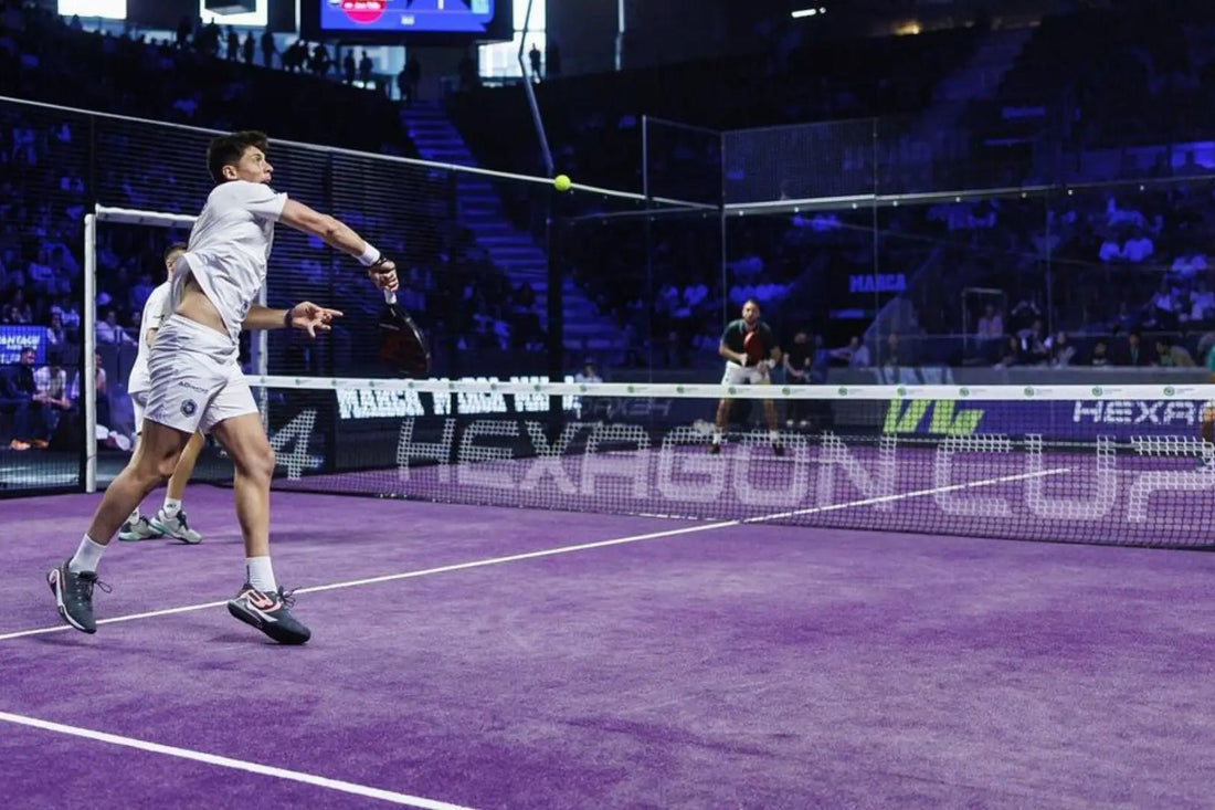 2026 Hexagon Cup player reaching for a ball on Madrid's purple court