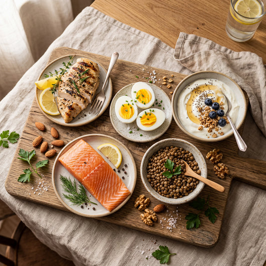 An overhead spread of protein-rich chicken, salmon, eggs, lentils and Greek yogurt on a wooden board