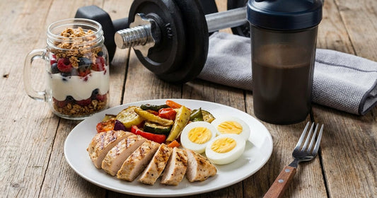 High-protein meal with grilled chicken, eggs, yogurt and a dumbbell beside the plate.