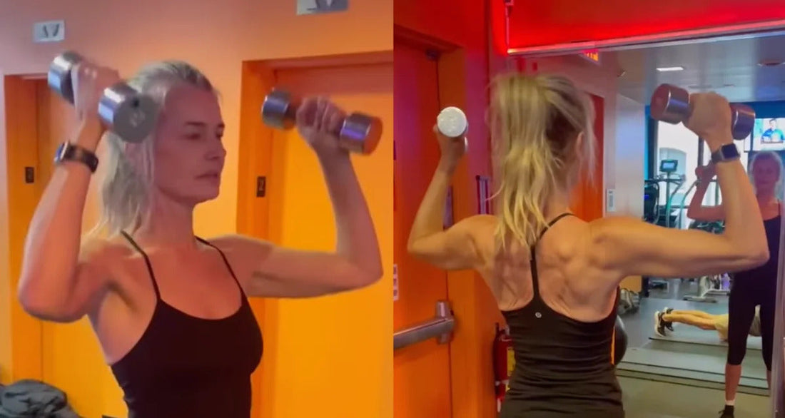 Paulina Porizkova strength training with dumbbells in a gym