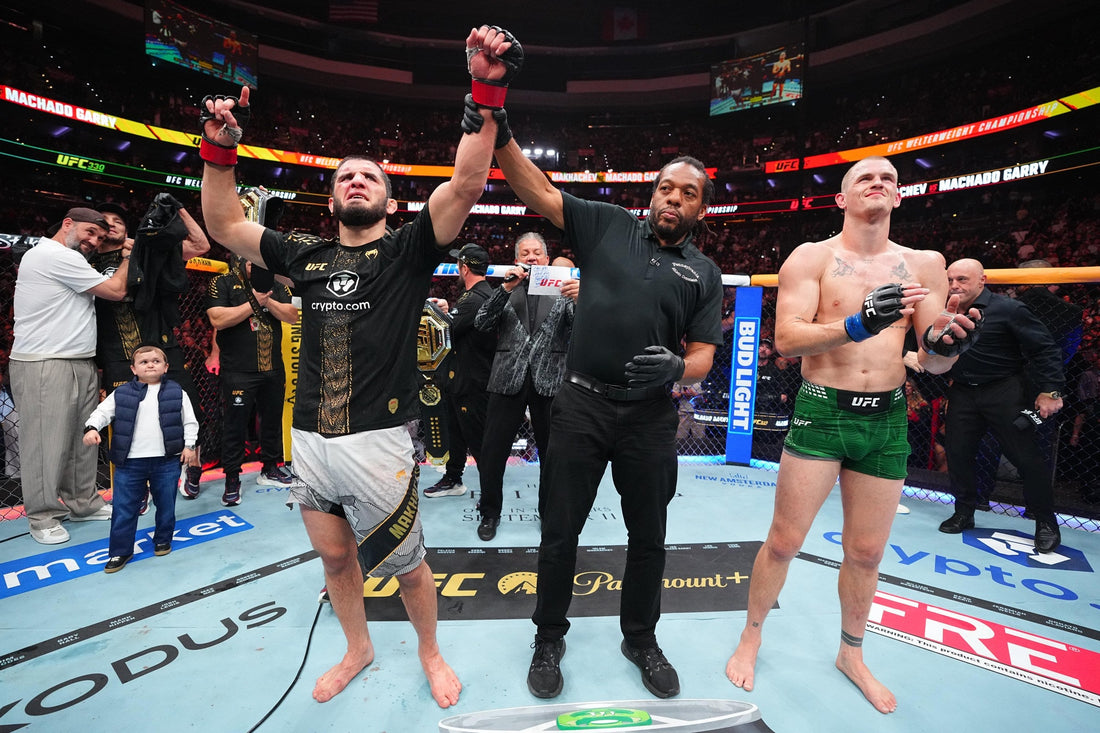 Ian Machado Garry and Islam Makhachev after their UFC 330 welterweight title fight