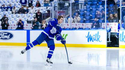 Gavin McKenna skating for the Toronto Maple Leafs in his 2026 rookie season
