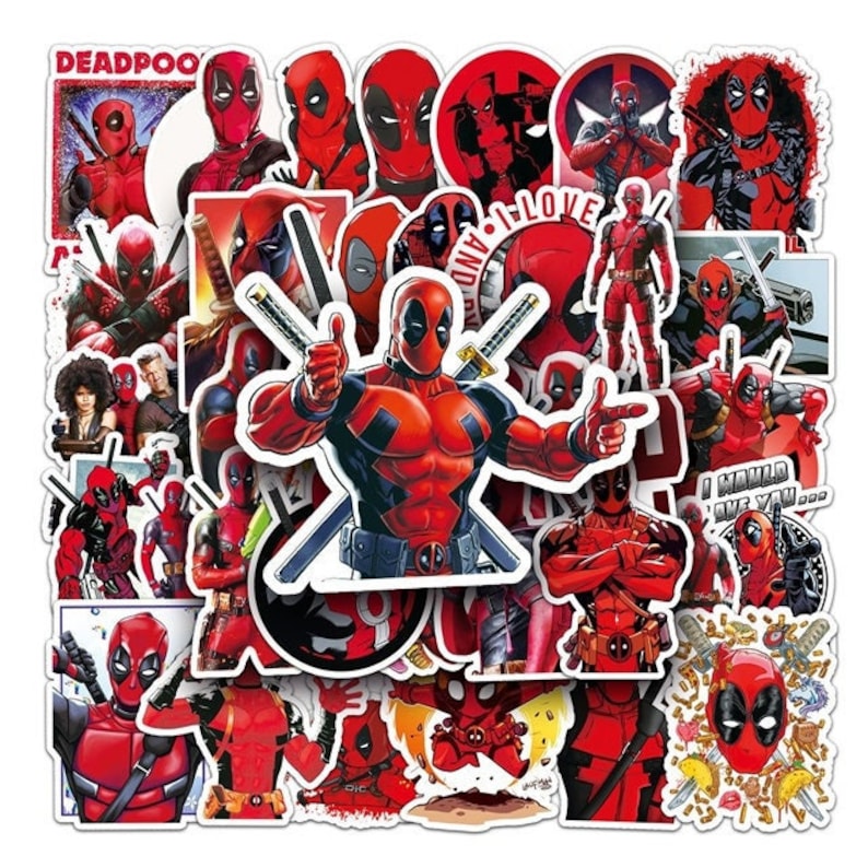 Assorted red-and-black Deadpool sticker decals for gym accessories