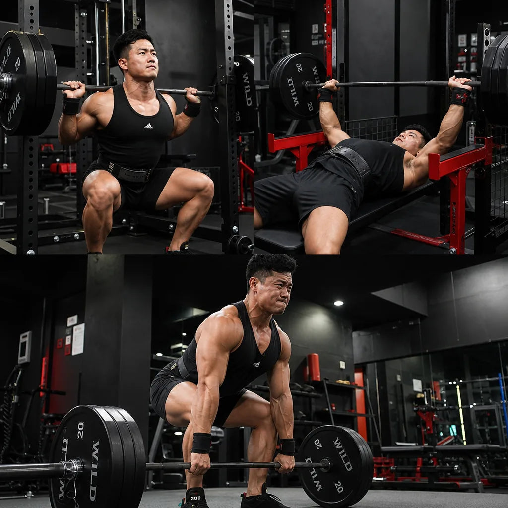 Powerlifter performing the squat, bench press and deadlift in a gym collage
