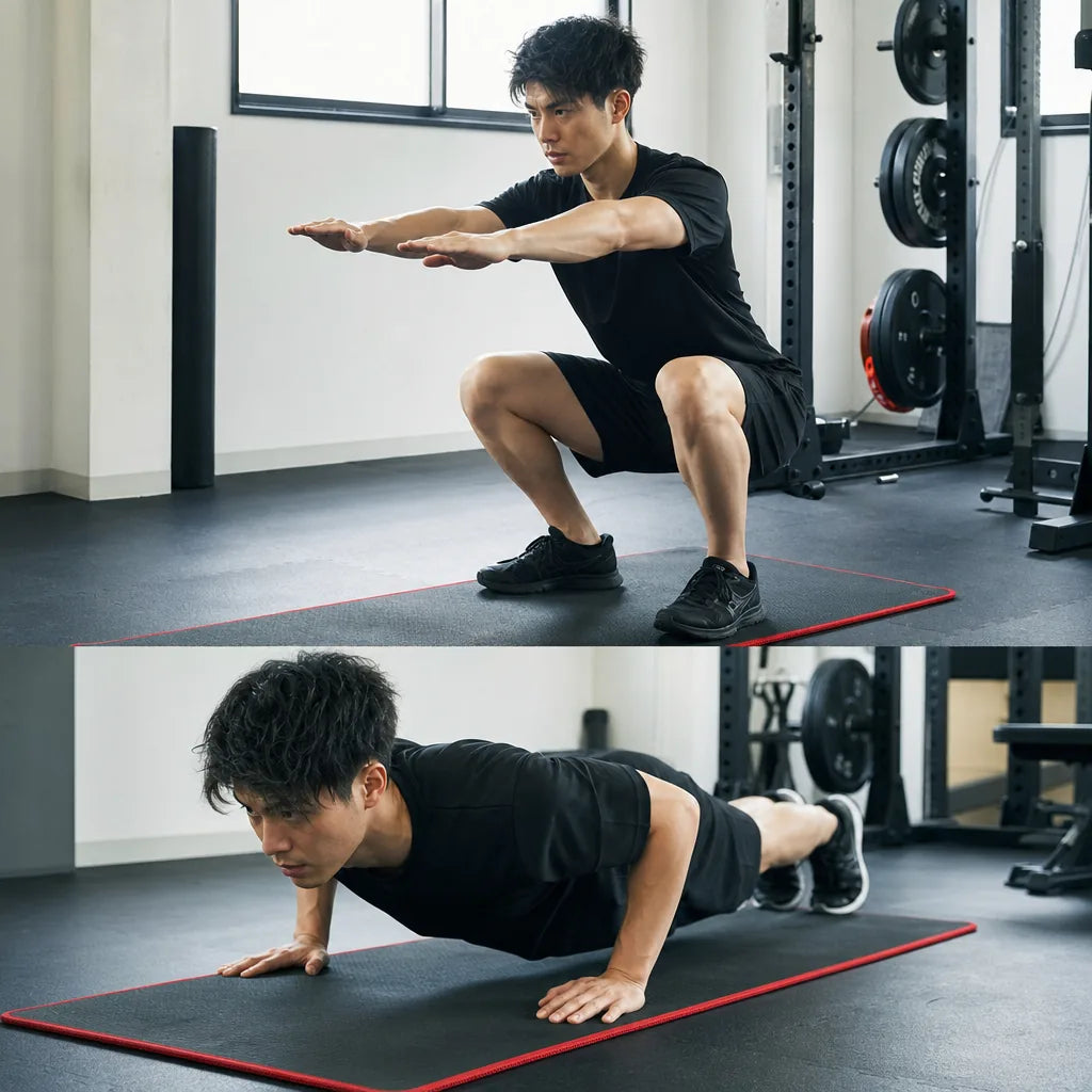 Authentic indoor bodyweight training photo showing squat and push-up movements, no captions or overlaid text