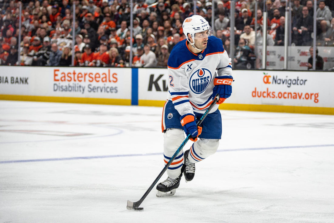 Evan Bouchard skating for Edmonton against Anaheim in the 2026 playoffs