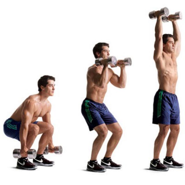 Man demonstrating three stages of the dumbbell clean and press against a white studio background