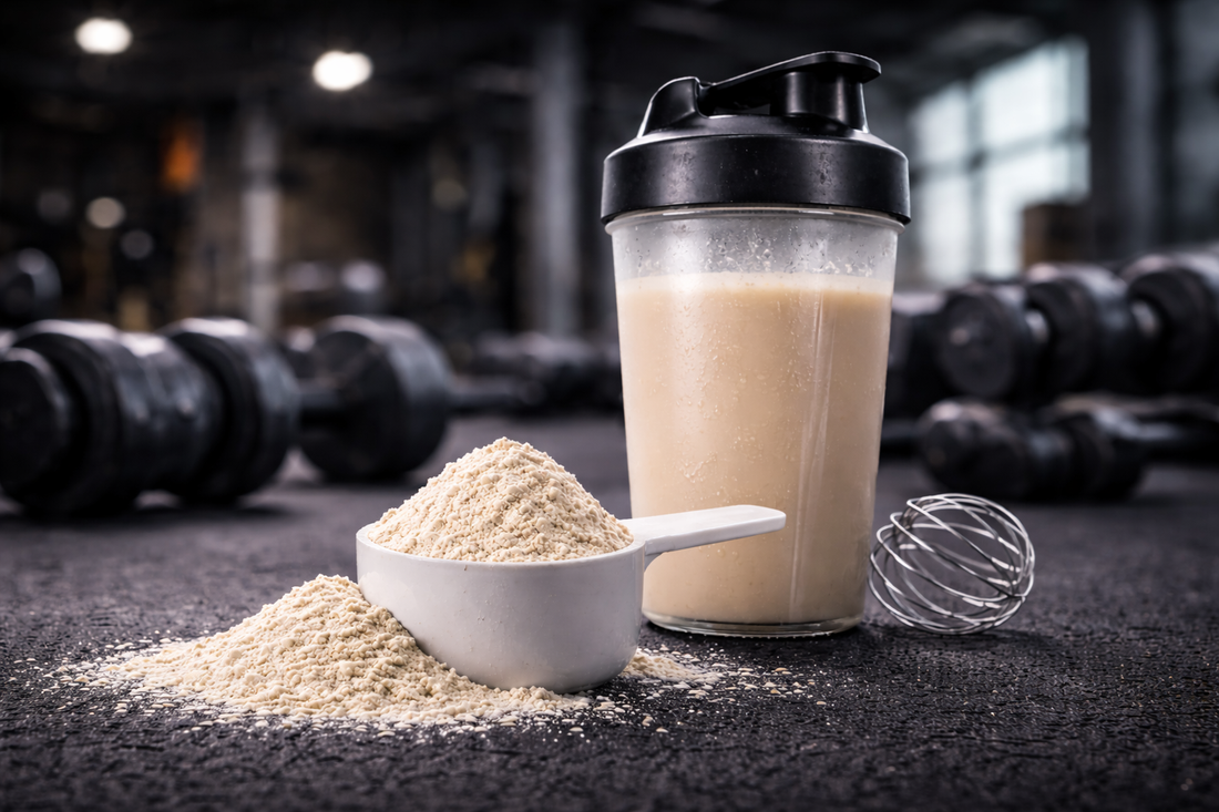 Protein shaker bottle and scoop of whey powder beside dumbbells in a gym