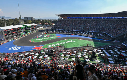 Crowded stadium section at the Mexico City Grand Prix during a previous race weekend
