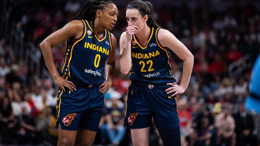 Kelsey Mitchell and Caitlin Clark together in Indiana Fever uniforms