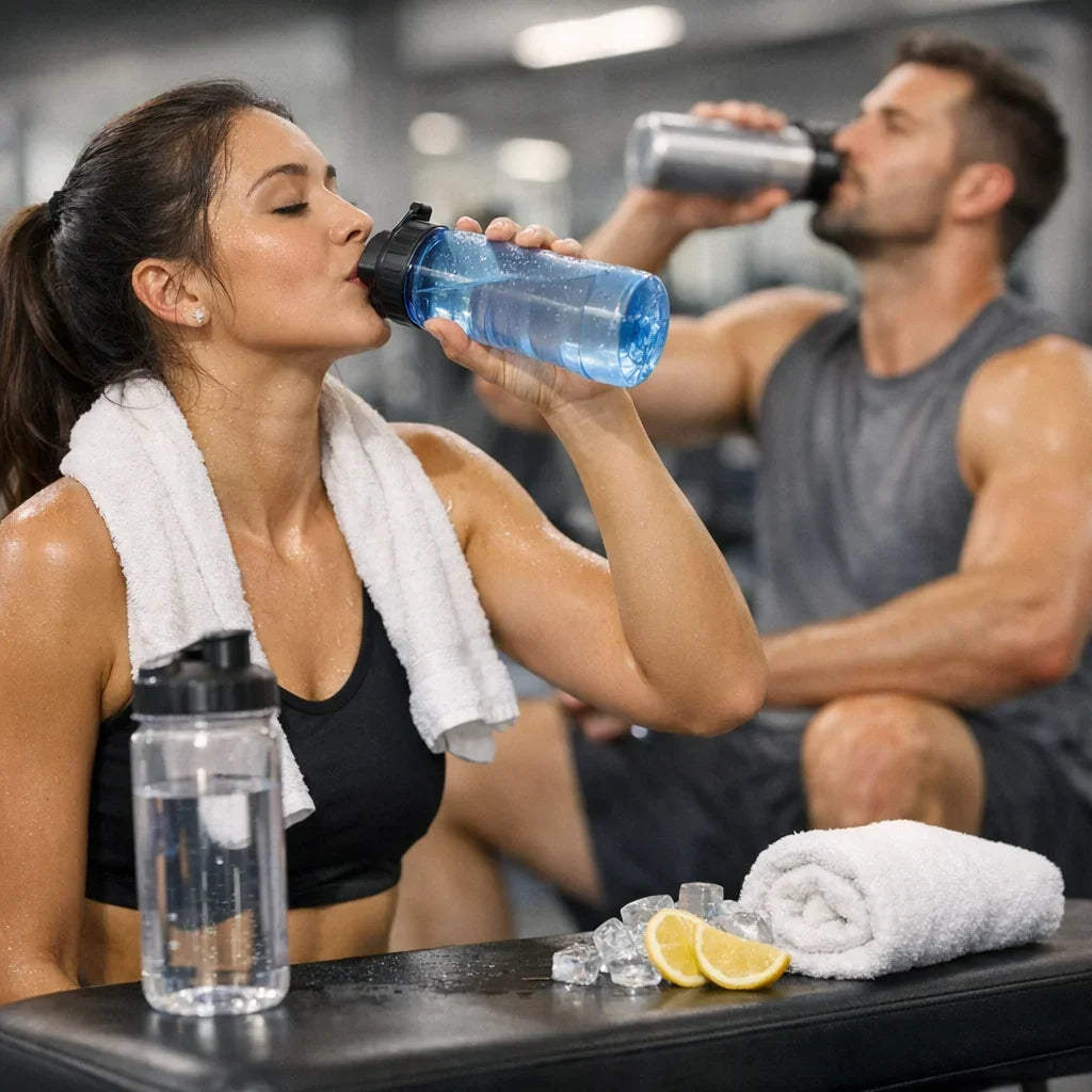 Two athletes taking a water break at the gym, with reusable bottles and towels
