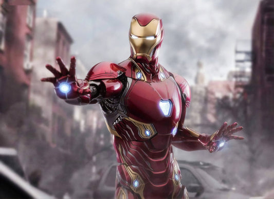 Tony Stark wearing his red and gold Iron Man armor with a glowing chest reactor