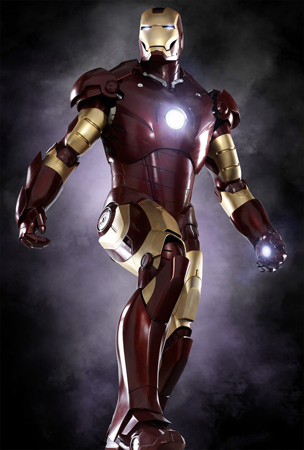 Iron Man Mark III red-and-gold armor standing with glowing chest arc reactor