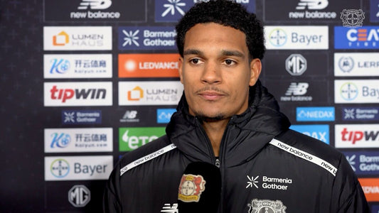 Jarell Quansah speaking in Bayer Leverkusen club gear