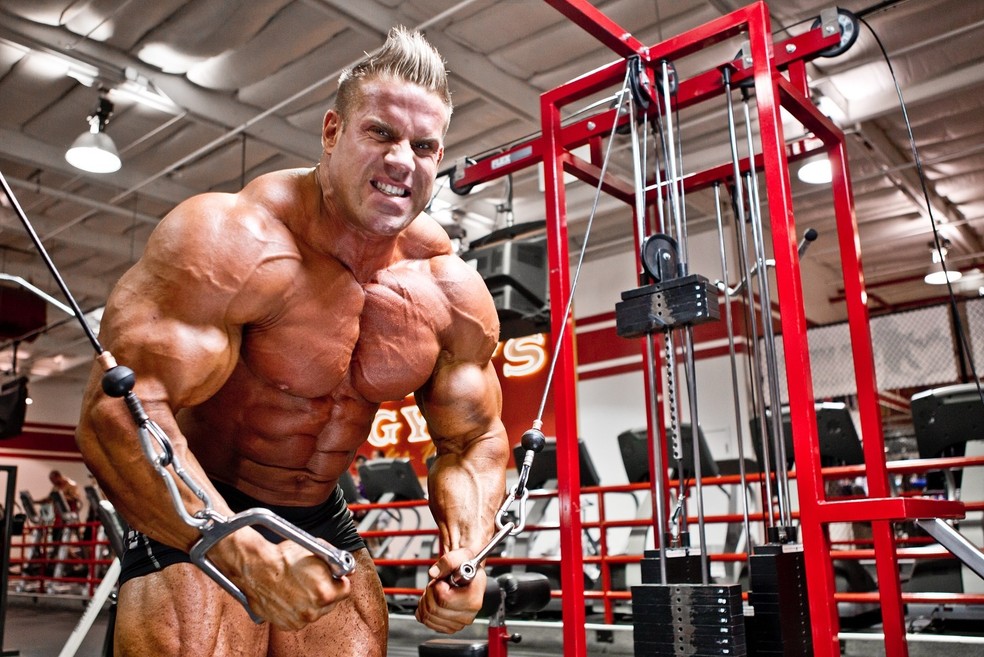 Jay Cutler contracting his chest during a cable movement, illustrating muscle-focused training