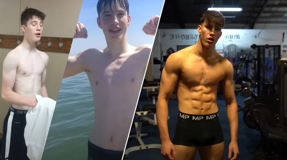 Joe Fazer physique progression across three photos, from a slim teenager to a muscular adult