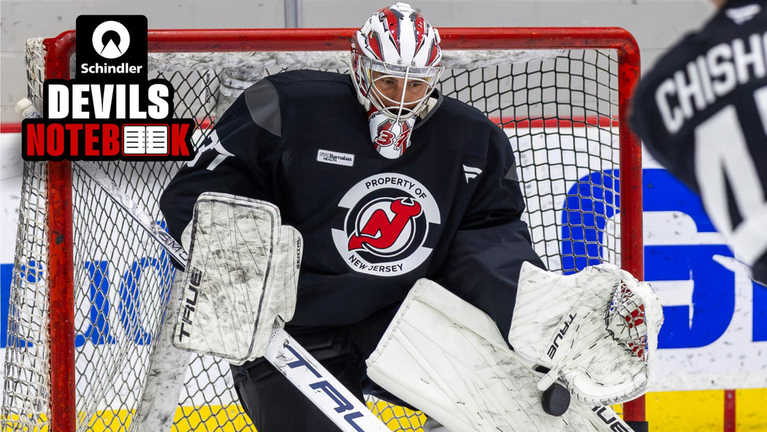 Connor Hellebuyck practicing in New Jersey Devils gear in October 2026