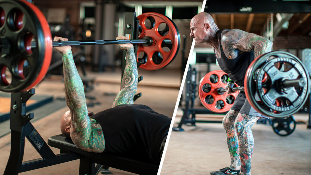 Bodybuilder performing a bench-press and bent-over-row opposing-muscle superset in a real gym