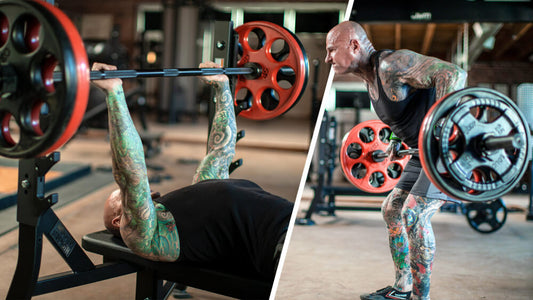 Bodybuilder performing a bench-press and bent-over-row opposing-muscle superset in a real gym