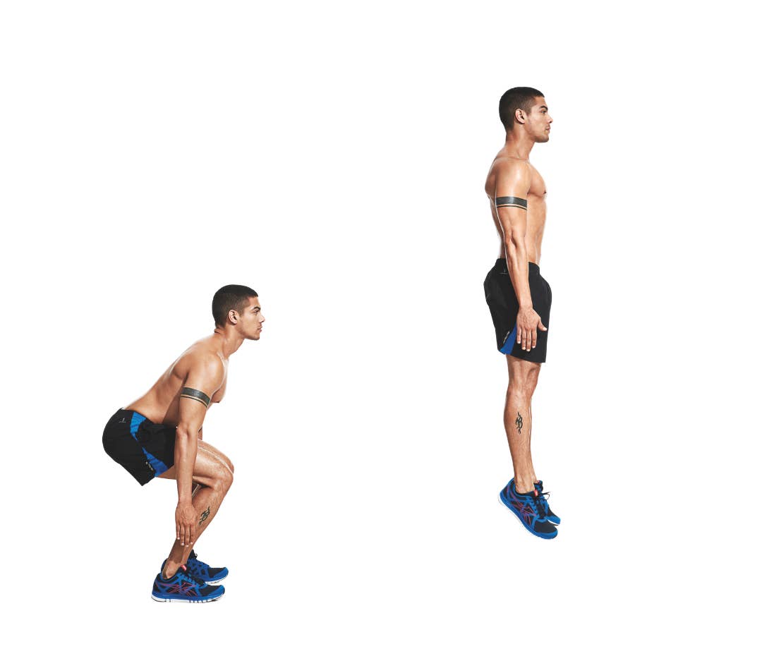 Two side-by-side photos of a man in black shorts performing the squat and airborne phases of a bodyweight jump squat.