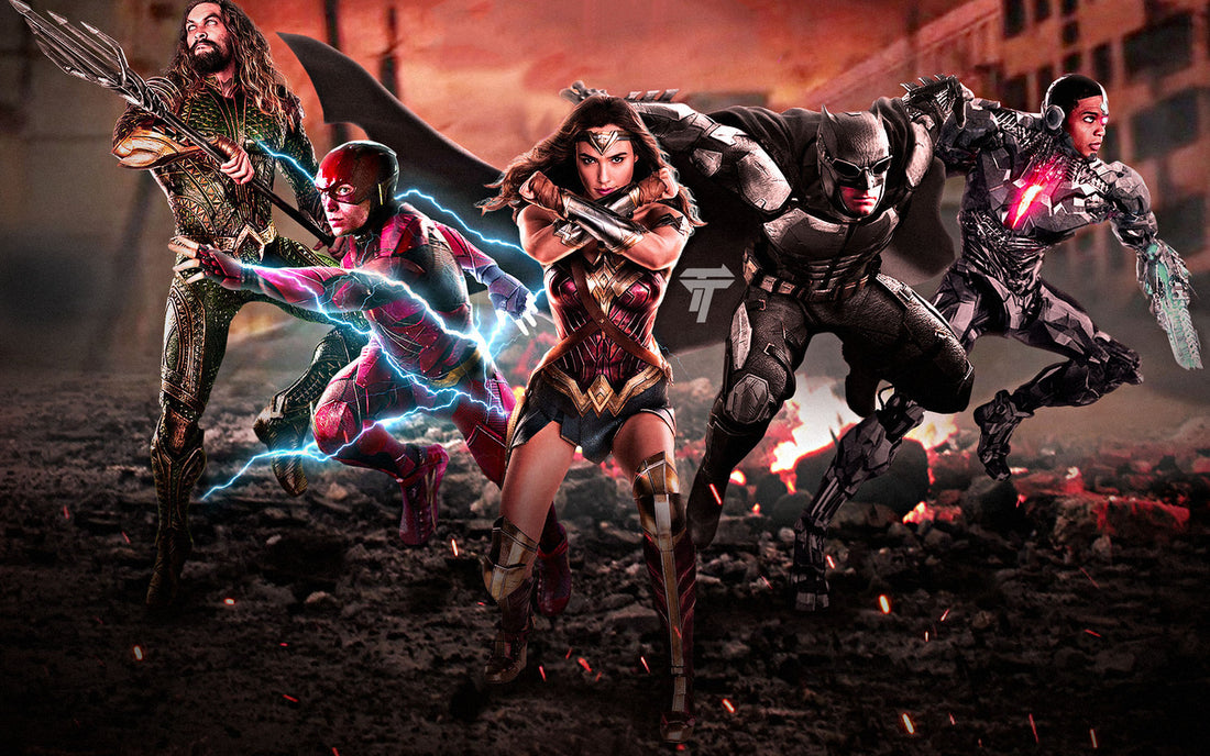 Justice League heroes charging forward together, including Aquaman, Flash, Wonder Woman, Batman and Cyborg