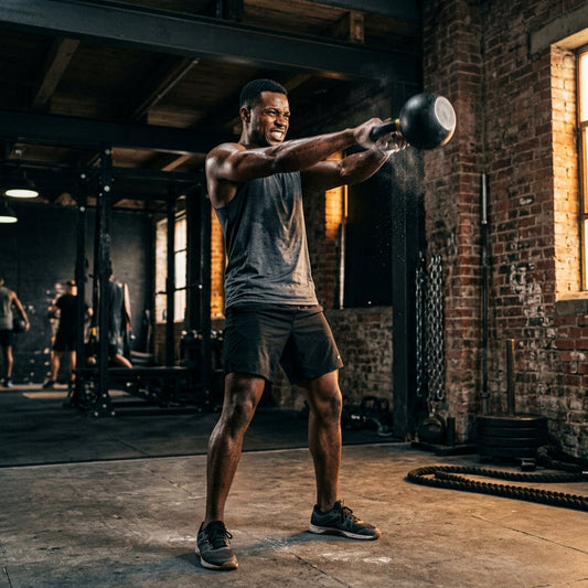 Athlete performing a kettlebell swing during a functional fitness workout