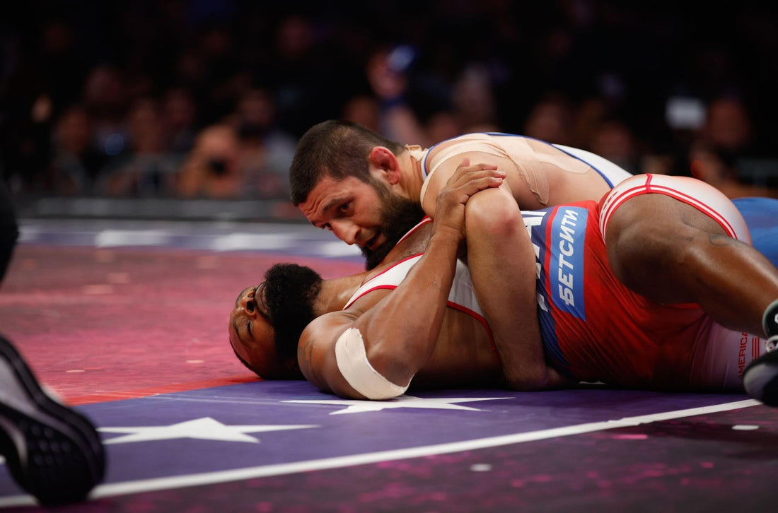 Khamzat Chimaev controlling Tyron Woodley during their RAF Moscow wrestling match