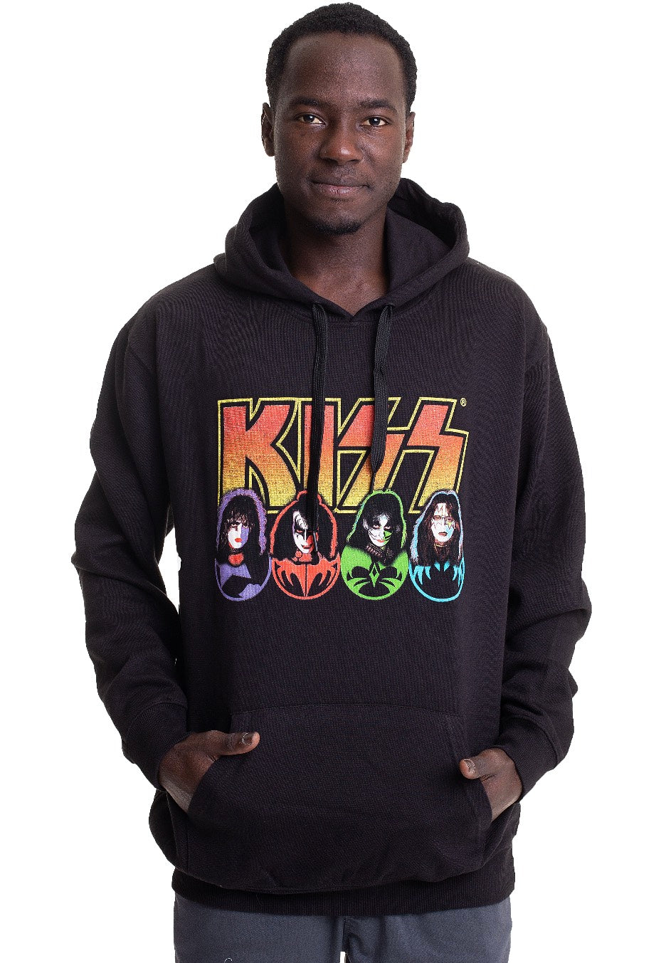 Model wearing a black KISS band-logo hoodie with four illustrated band-member faces