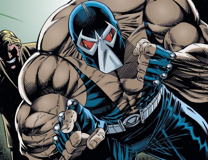 Comic-book Bane in a black-and-blue wrestling mask, lunging forward with massive muscular arms