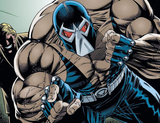 Comic-book Bane in a black-and-blue wrestling mask, lunging forward with massive muscular arms