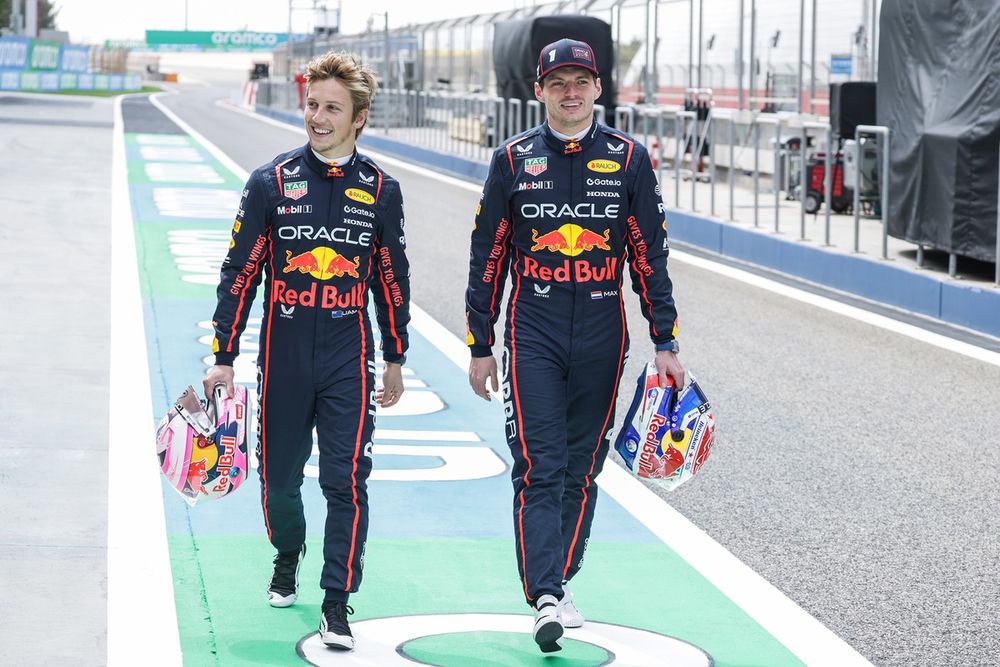 Liam Lawson and Max Verstappen together in Red Bull Racing colors during Lawson's original 2025 promotion