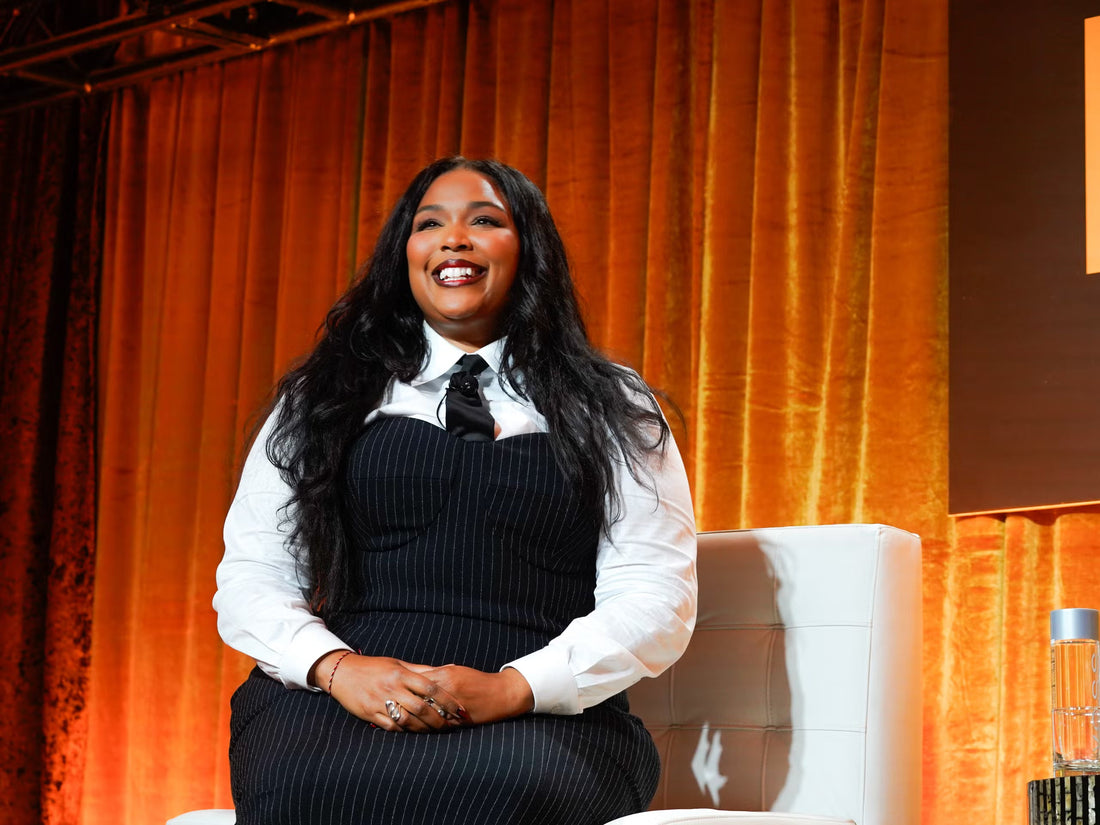 Lizzo performing resistance-band exercises in a gym, shown in two side-by-side workout photos