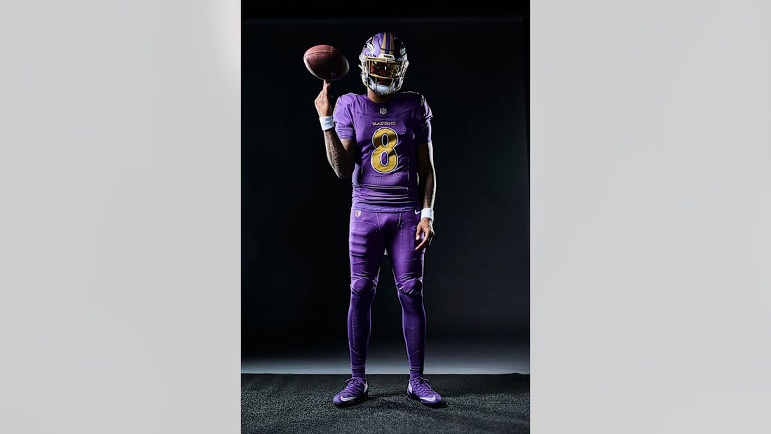 Lamar Jackson wearing Baltimore Ravens 2026 purple uniform