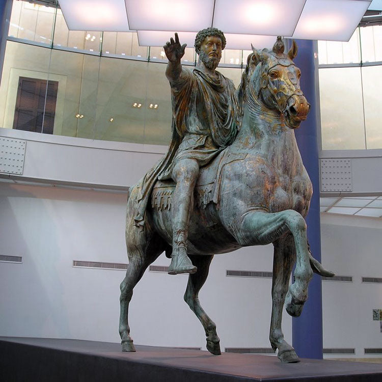 Bronze equestrian statue of Roman emperor and Stoic philosopher Marcus Aurelius displayed in a museum