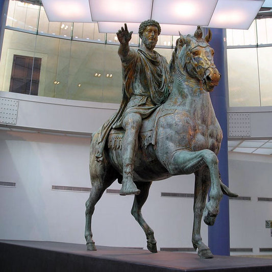 Bronze equestrian statue of Roman emperor and Stoic philosopher Marcus Aurelius displayed in a museum