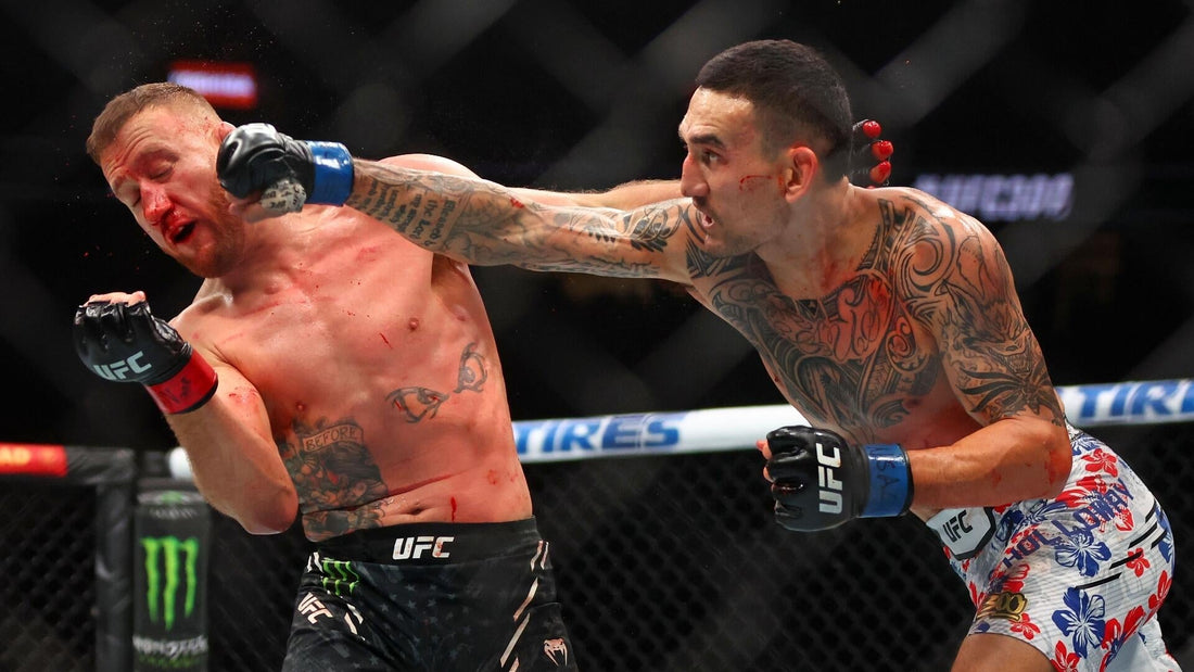 Max Holloway extending a straight punch toward Charles Oliveira during a UFC bout