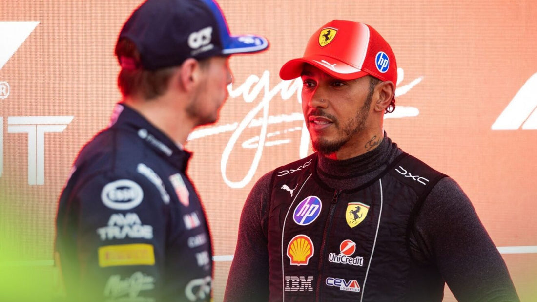 Lewis Hamilton in Ferrari colours speaking with Max Verstappen of Red Bull at the 2026 Singapore Grand Prix
