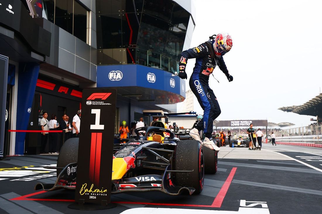 Max Verstappen celebrates on his 2026 Oracle Red Bull Racing car after victory at the Bahrain Grand Prix in Malaysia.