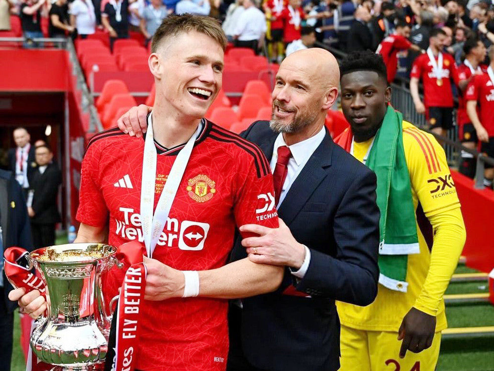 Erik ten Hag and Scott McTominay celebrate during Manchester United's 2024 cup-winning period