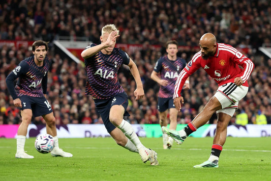 Bryan Mbeumo shoots for Manchester United against Tottenham at Old Trafford on 10 October 2026