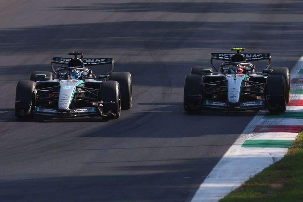 George Russell and Kimi Antonelli racing Mercedes cars at Monza in 2026