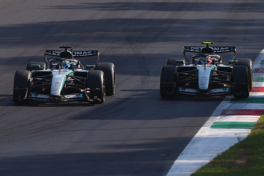 George Russell and Kimi Antonelli racing Mercedes cars at Monza in 2026