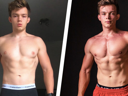 Side-by-side comparison showing a younger and a more muscular Stan Browney during a physique transformation