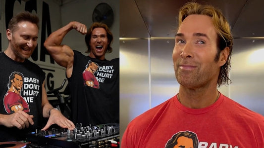 Mike O'Hearn smiling and flexing in a Baby Don't Hurt Me shirt beside a DJ, with another playful portrait of him in red