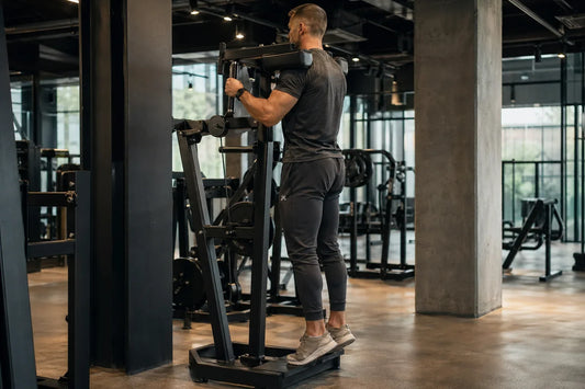 Athlete performing standing calf raises on a loaded machine in a modern gym