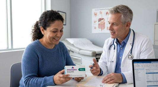 Patient reviewing a prescribed weight-management medicine with a clinician in an exam room