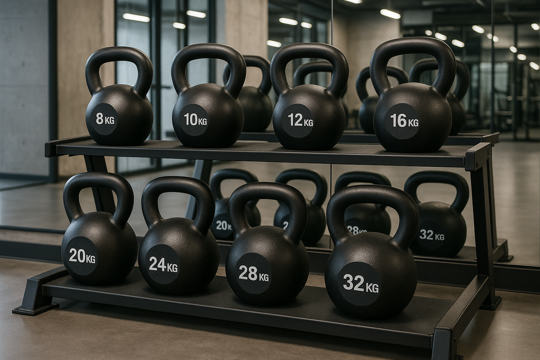 Rack of kettlebells in different weights for beginner weight selection