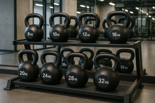 Rack of kettlebells in different weights for beginner weight selection